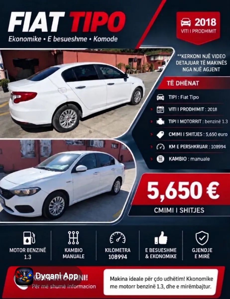 Shitet Fiat Tipo 2018 – 1.3 Benzine – 5,650€ – Tiranë — Tiranë - Foto 1