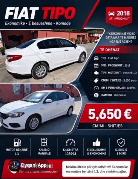 Shitet Fiat Tipo 2018 – 1.3 Benzine – 5,650€ – Tiranë — Tiranë