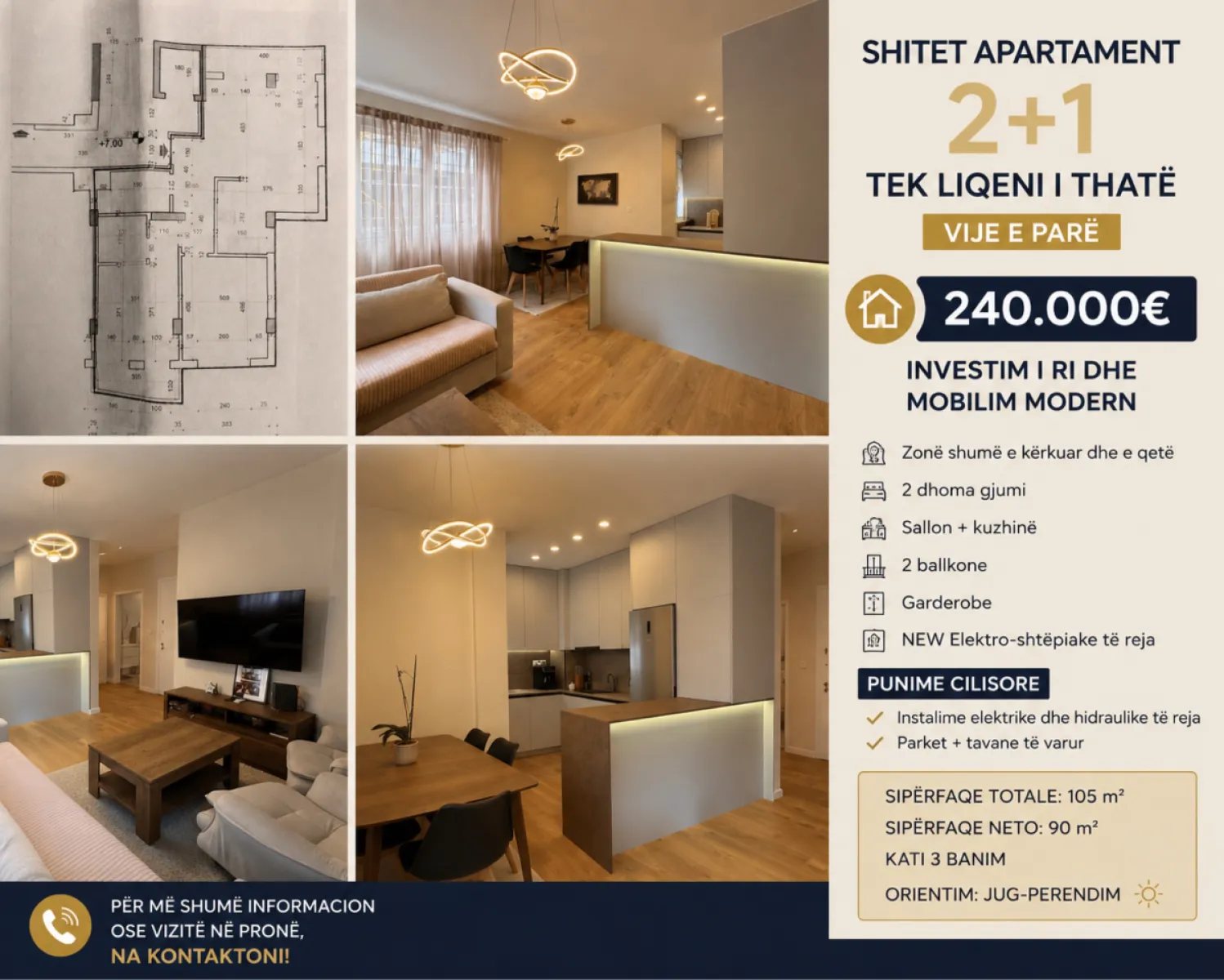Shitet apartamenti 2+1 tek Liqeni i Thatë - vije e pare - Foto 1